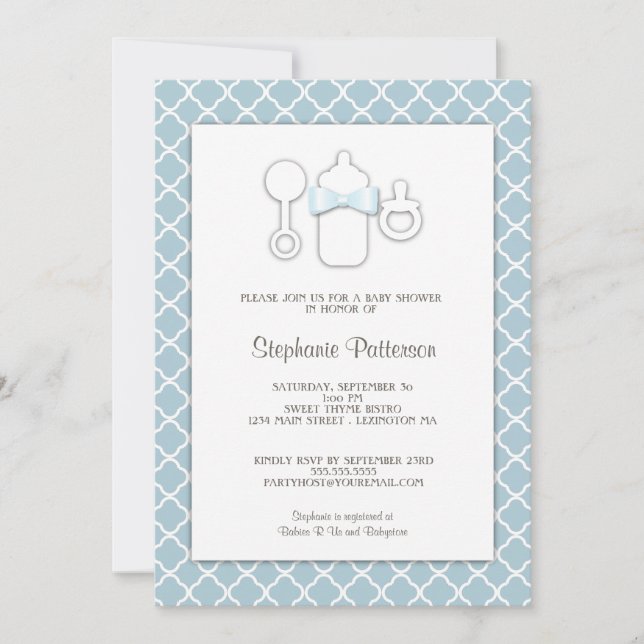 Invitación Azul dulce| Frasco marrón Fiesta de té Baby Shower (Anverso)