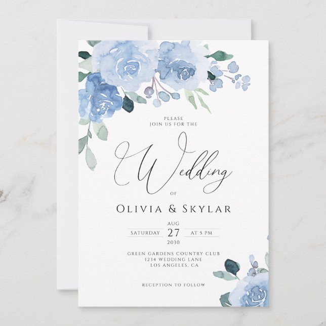 Invitación Azul Dusto Froral Botánico En Un Boda (Anverso)