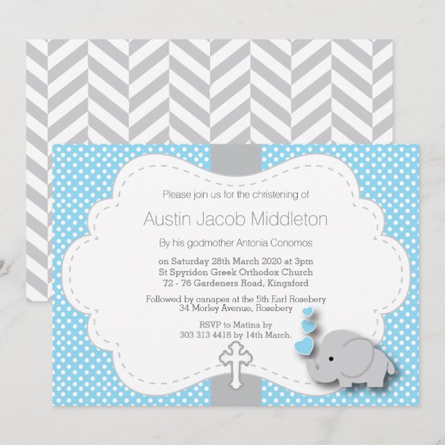 Invitación Azul - Elefante 🐘 Foto del bebé - Christening (Anverso / Reverso)
