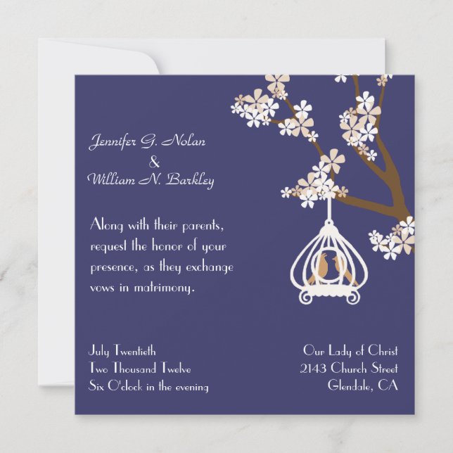 Invitación Azul elegante con los pájaros del amor que casan (Anverso)