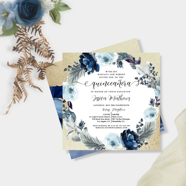 Invitación Azul elegante con Quinceañera floral de oro (Subido por el creador)