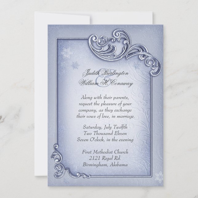 Invitación azul elegante de la boda del invierno (Anverso)