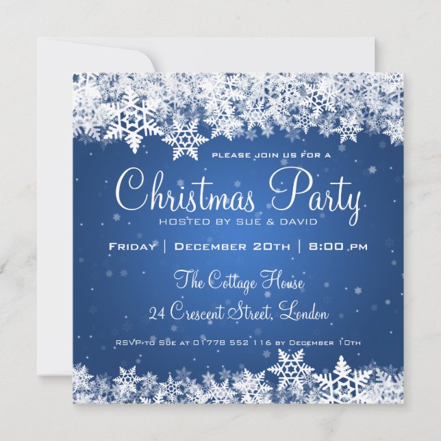 Invitación Azul elegante de los copos de nieve 2 de la fiesta (Anverso)