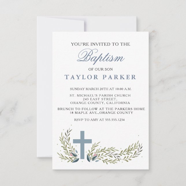 Invitación azul elegante del bautismo/del bautizo (Anverso)