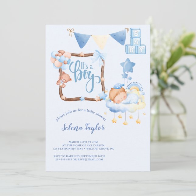 Invitación Azul elegante es un Baby Shower de chico (Anverso de pie)