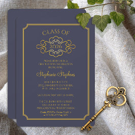 Invitación Azul elegante | Fiesta de graduación de Gold Colle