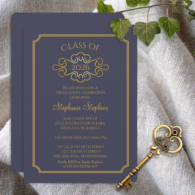 Invitación Azul elegante | Fiesta de graduación de Gold Colle (Elegant Blue and Gold Tone College Graduation Party Invitation - Print | Digital)