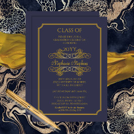 Invitación Azul elegante | Fiesta de graduación de Gold Colle