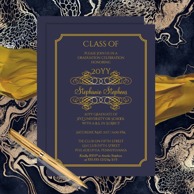 Invitación Azul elegante | Fiesta de graduación de Gold Colle (Elegant Blue and Gold Tone College Graduation Party Invitation)