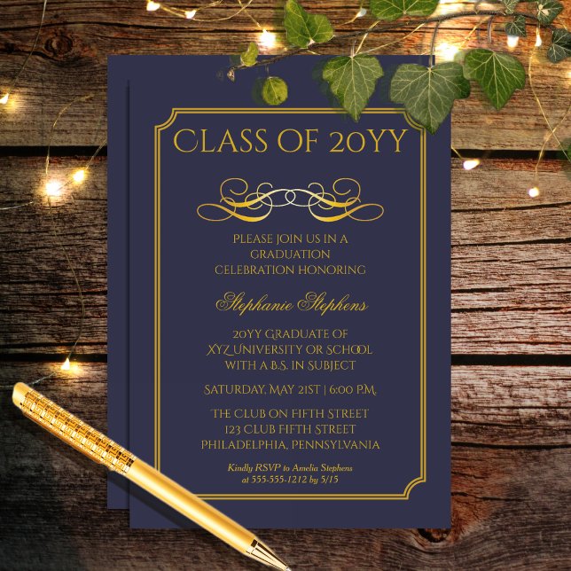 Invitación Azul elegante | Fiesta de graduación de la Univers (Elegant Blue and Gold Tone College | University Achiever Graduation Party Invitation)