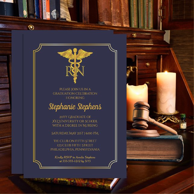 Invitación Azul elegante | Fiesta de Graduación RN de Enferme (Elegant Blue and Gold Tone Nurse "RN" Graduation Party Invitation for Print and/or Download)