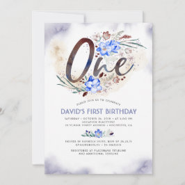 Invitación Azul elegante | Niño | 1.ᵉʳ Fiesta de cumpleaños