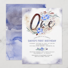Invitación Azul elegante | Niño | 1.ᵉʳ Fiesta de cumpleaños