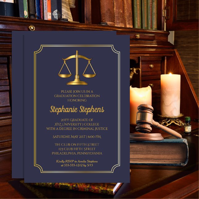 Invitación Azul elegante | Partido de Graduación de Abogados  (Elegant Blue and Gold Tone Legal Law Lawyer | Attorney Graduation Party Invitation Print | Download)