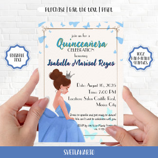 Invitación Azul Elegante Princesa Quinceañera