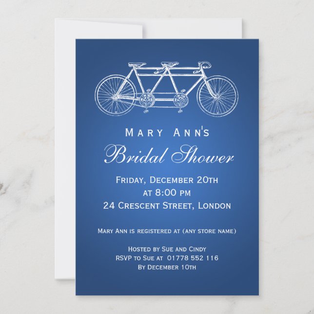 Invitación Azul en tándem de la bici de la ducha nupcial (Anverso)