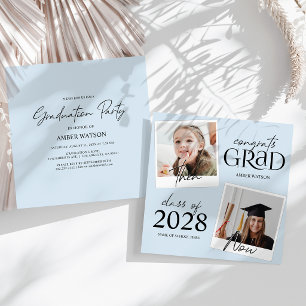 Invitación Azul Entonces y Ahora 2 Fotos Graduación