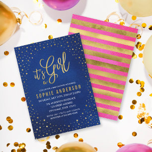 Invitación Azul estrellado y rosa Es un Baby Shower Chica