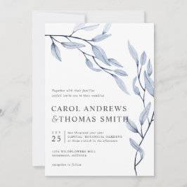 Invitación Azul etéreo | boda de hojas botánicas verticales