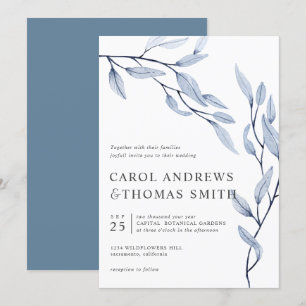 Invitación Azul etéreo boda de hojas botánicas verticales
