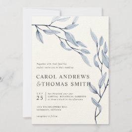 Invitación Azul etéreo | boda de hojas botánicas verticales