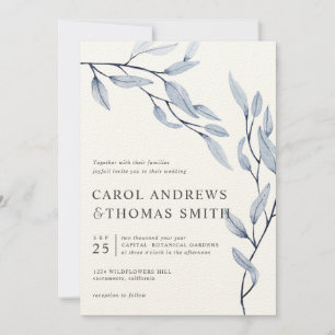 Invitación Azul etéreo boda de hojas botánicas verticales