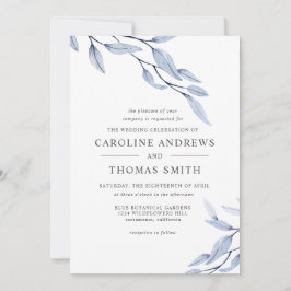 Invitación Azul etéreo | Elegante boda de hojas botánicas
