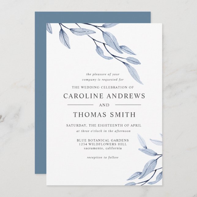 Invitación Azul etéreo | Elegante boda de hojas botánicas (Anverso / Reverso)