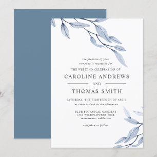 Invitación Azul etéreo Elegante boda de hojas botánicas