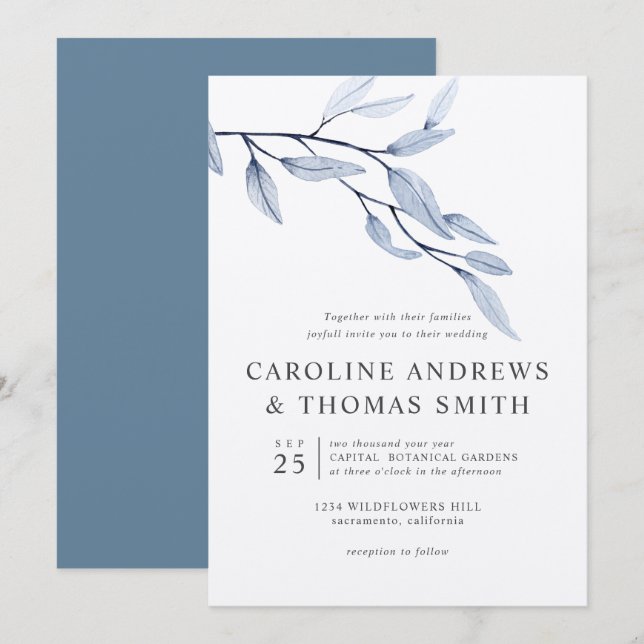 Invitación Azul etéreo | Moda boda de hojas botánicas (Anverso / Reverso)