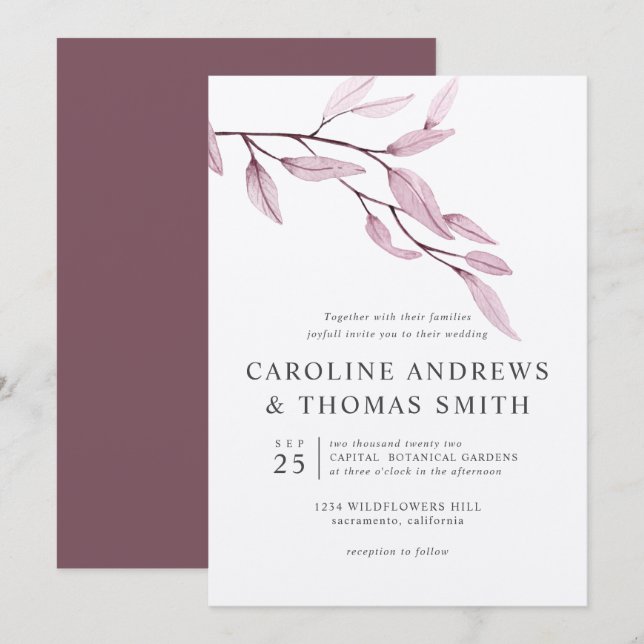 Invitación Azul etéreo | Moda boda de hojas botánicas (Anverso / Reverso)