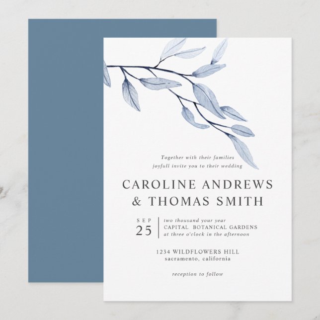 Invitación Azul etéreo | Moda boda de hojas botánicas (Anverso / Reverso)