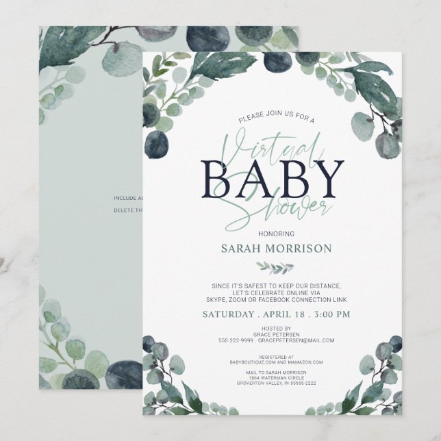 Invitación Azul Eucalyptus de Baby Shower virtual (Anverso / Reverso)