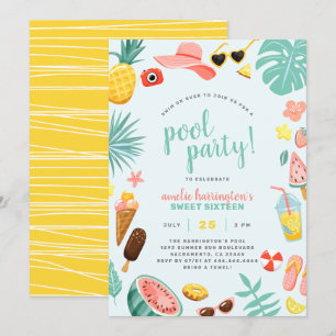 Invitación Azul   Fiesta de piscina tropical de sandía piña