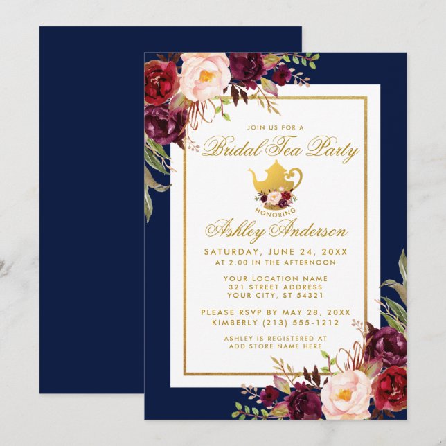 Invitación azul Fiesta de té de novia floral de bo (Anverso / Reverso)