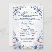 Invitación Azul Flor Blanca Nikkah Blanca