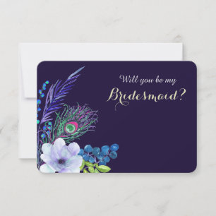Invitación Azul Floral Boho Pluma Damas de Honor