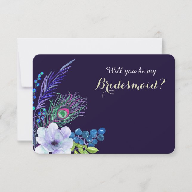 Invitación Azul Floral Boho Plumas para Damas de Honor (Anverso)