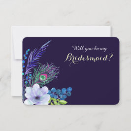 Invitación Azul Floral Boho Plumas para Damas de Honor