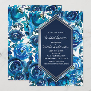 Invitación Azul Floral de Índigo Flores Bridal Shower Elegant