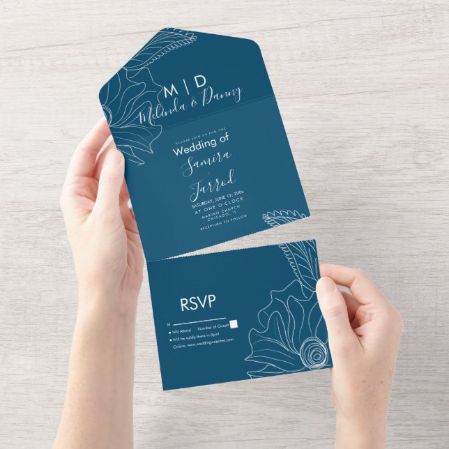 Invitación azul floral dibujada a mano todo en uno (desgarro)
