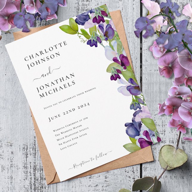 Invitación Azul floral elegante moderno (Modern sweetpea blue burgundy pink wedding invitation boho chic watercolor floral)