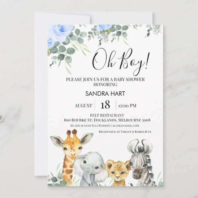 Invitación Azul floral Eucalyptus Safari cabeza Baby Shower (Anverso)