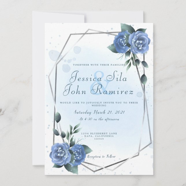 Invitación Azul Floral Faux Relieve metalizado plateado Color (Anverso)