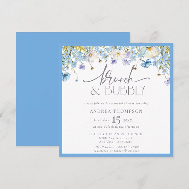 Invitación Azul Floral Floral Brunch Bubbly Bridal Shower (Anverso / Reverso)
