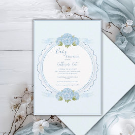 Invitación Azul Floral Hortensia Elegante Shower de Bebé