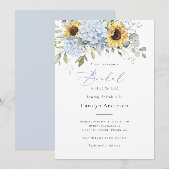 Invitación Azul floral Hydrangea Sunflowers Ducha de novia (Anverso / Reverso)