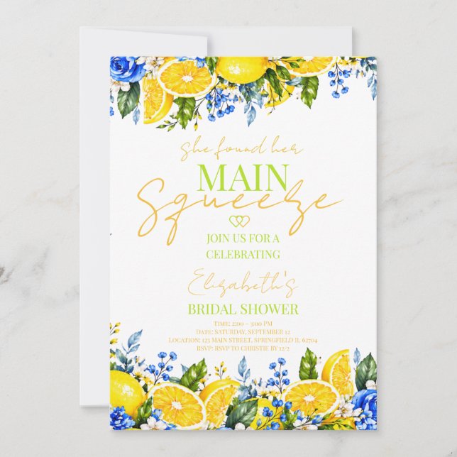 Invitación Azul floral Limón Bridal shower Main Squeeze (Anverso)