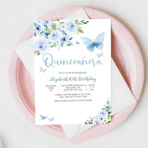 Invitación Azul Floral Mariposa Sweet 16