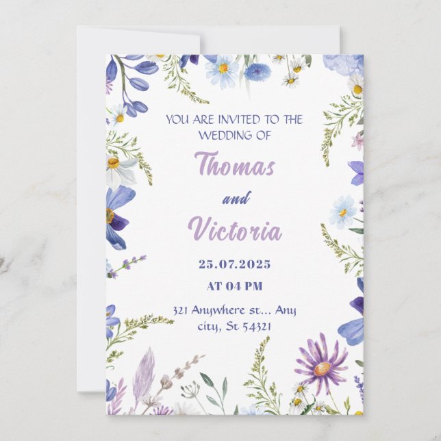 Invitación Azul floral, morado, Boda moderno verde (Anverso)